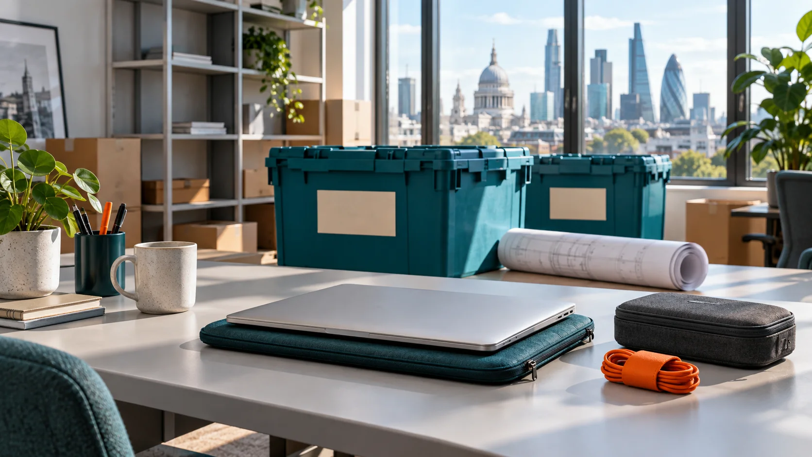 A closed laptop on a padded sleeve beside an equipment case and teal moving crates in a sunlit office